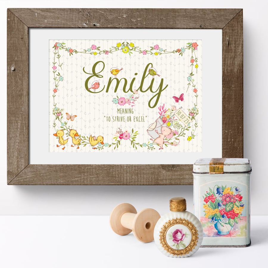Personalised Cottage Garden Name Meaning Print - christening gift for new baby