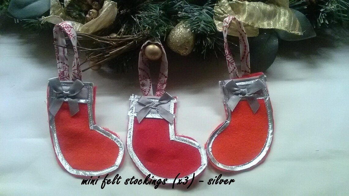 Set of 3 Red Felt Mini Stocking Christmas Tree Decoration with silver trim