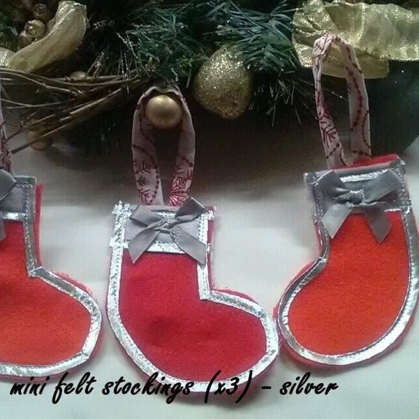 Set of 3 Red Felt Mini Stocking Christmas Tree Decoration with silver trim handm