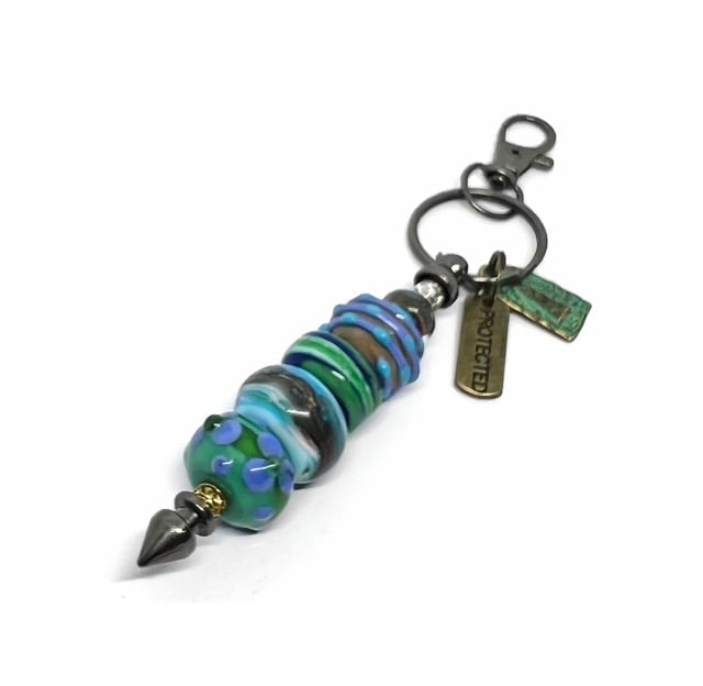 Handmade Lamp-work Glass Bead Bag Charm Keyring with added Charms Unique Gift 