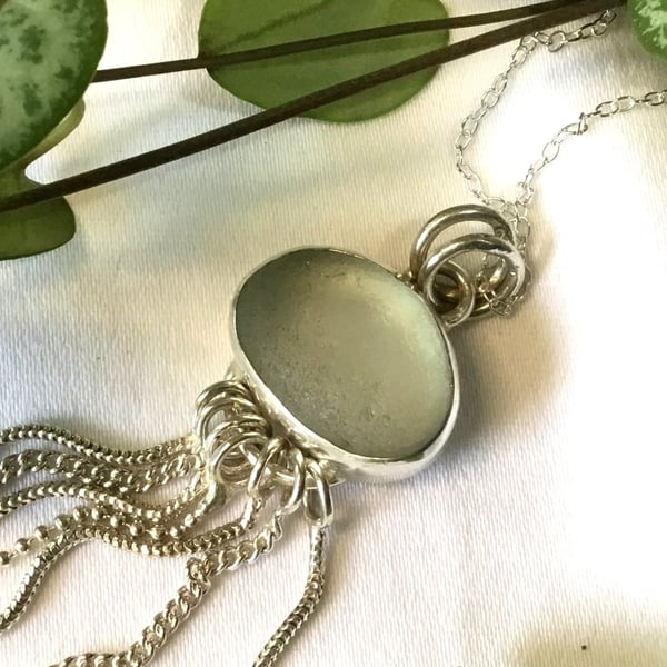 Handcrafted Silver Jellyfish Pendant, Seaham Sea Glass necklace with tassles 