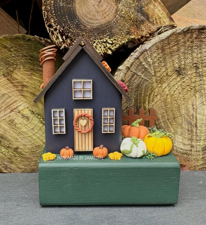 Handmade Clay Pumpkin Patch Wooden Scandinavian Cottage House Ornament