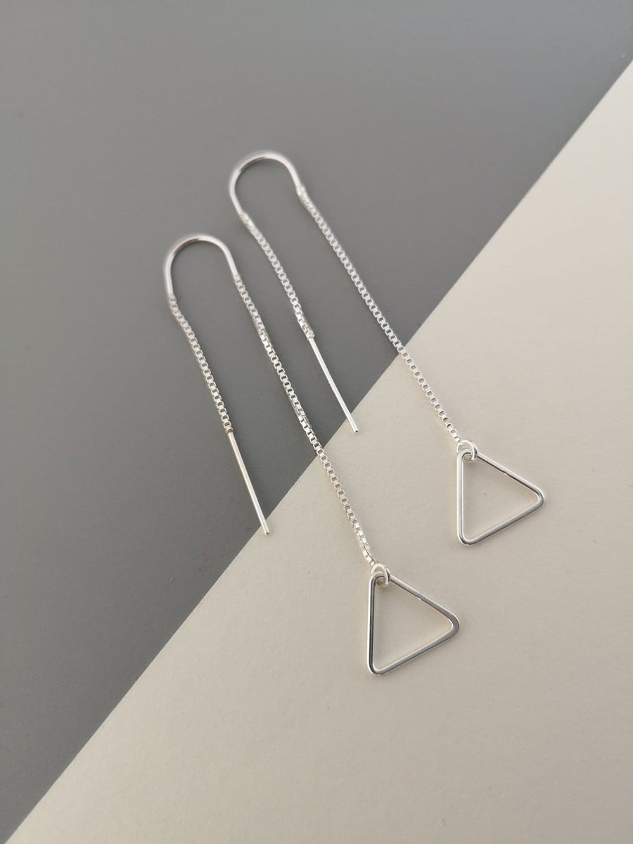 Sterling silver triangle threader earrings, silver thread earrings