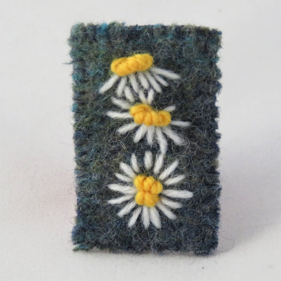 Brooch - White daisies embroidered on recycled, felted, blue-green fabric