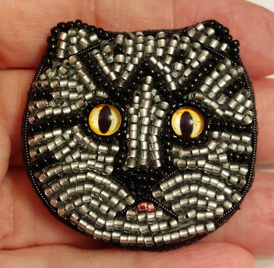 Kit to make a Bead Embroidery Grey Tabby Cat Brooch, Bead Embroidered Brooch