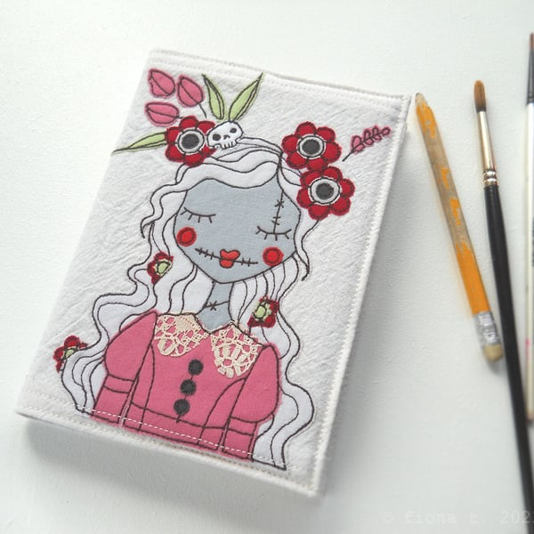 freemotion embroidered floral lady zombie A6 sketchbook pink