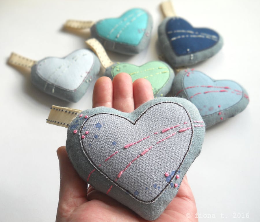 hand embroidered lavender heart - grey & pink