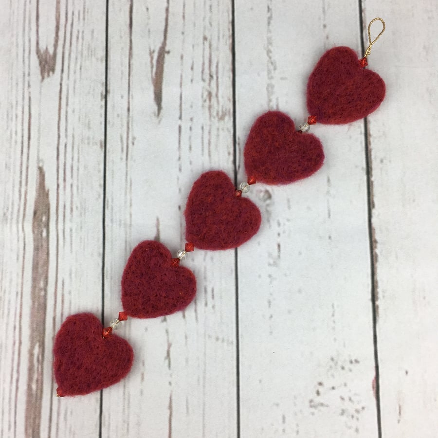 Red needle felted heart garland - SALE