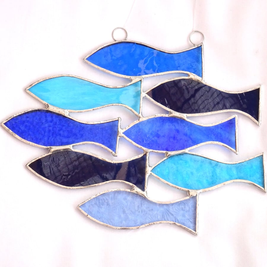 Stained Glass Handmade Decoration Shoal of 8 Fish Suncatcher - Blue & Turquoise