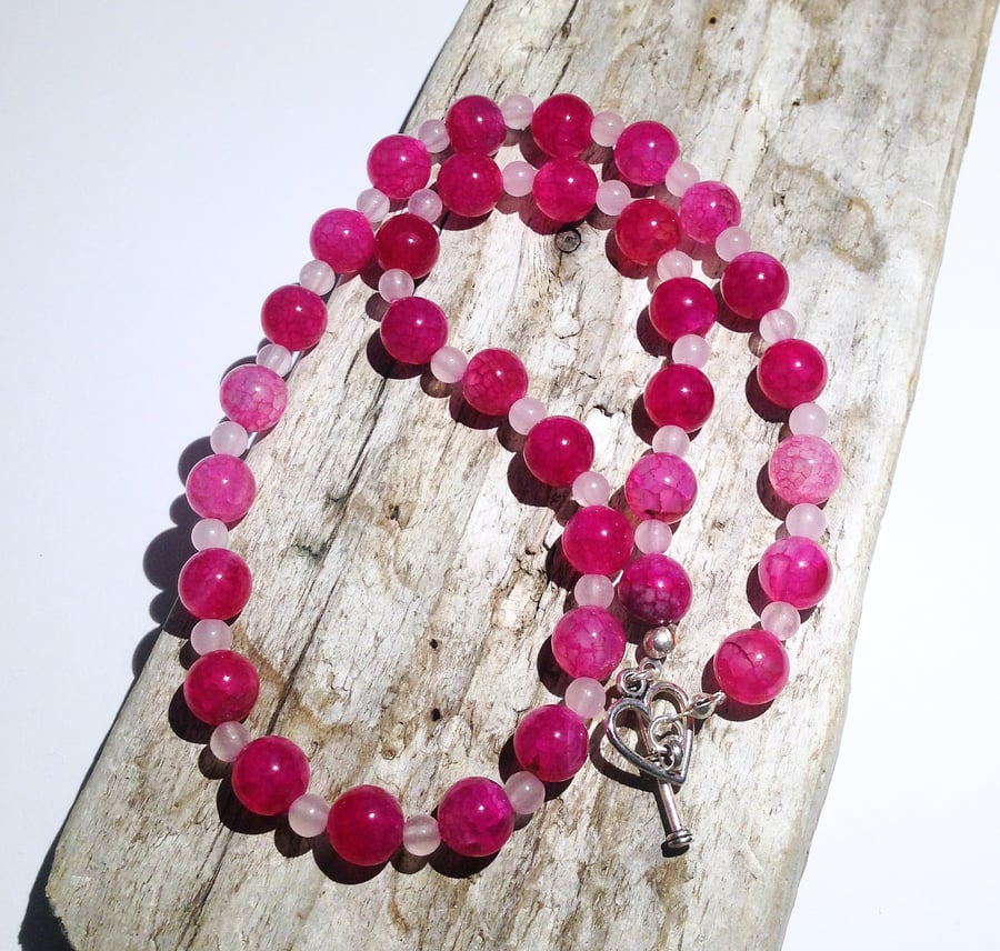 Beautiful Pink Dragon Vein Agate and Rose Quartz Choker Necklace - UK Free Post