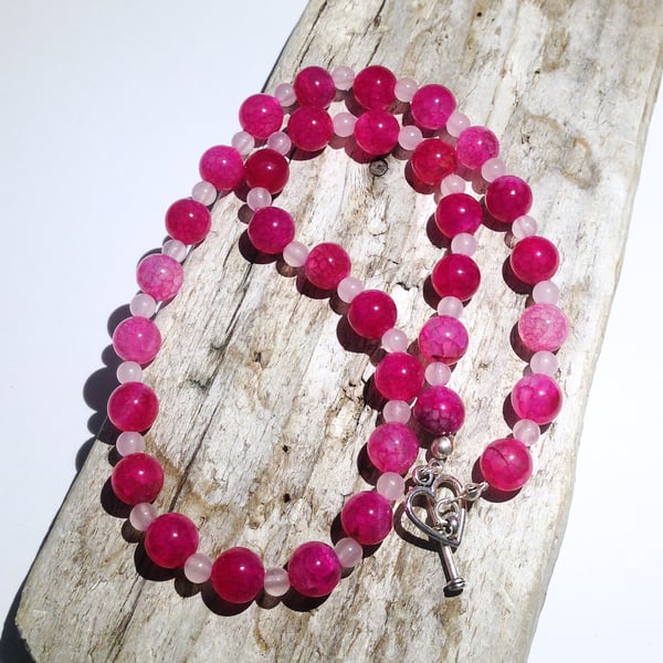 Beautiful Pink Dragon Vein Agate and Rose Quartz Choker Necklace - UK Free Post