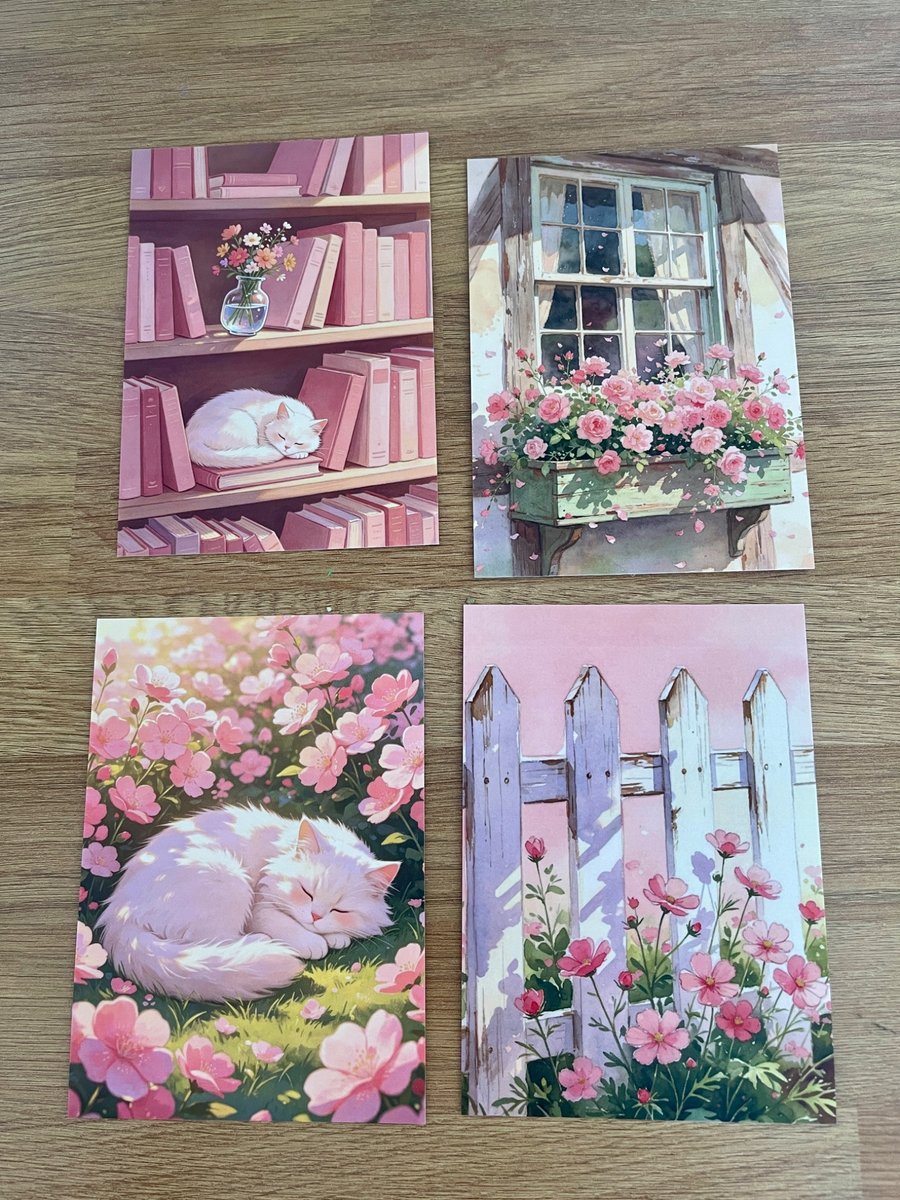 Pretty in Pink Postcard Set - Set of 4 Cottagecore cards with  Cats & Flowers