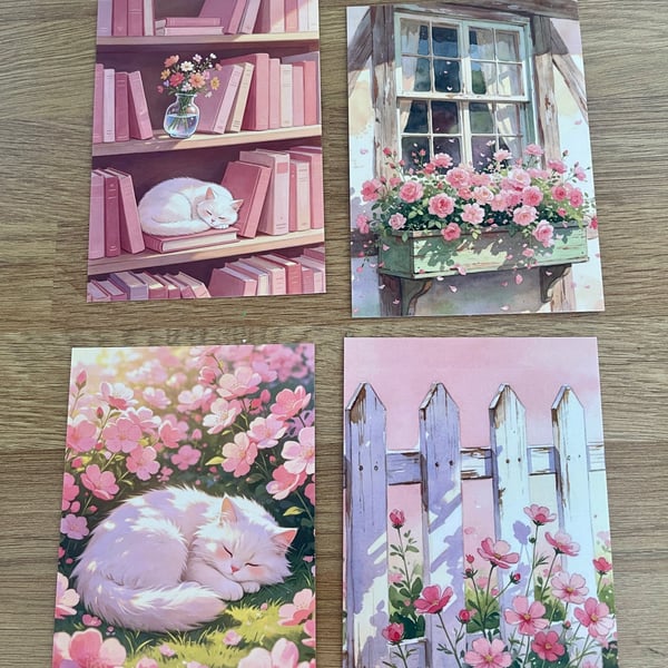 Pretty in Pink Postcard Set - Set of 4 Cottagecore cards with  Cats & Flowers