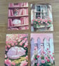 Pretty in Pink Postcard Set - Set of 4 Cottagecore cards with  Cats & Flowers