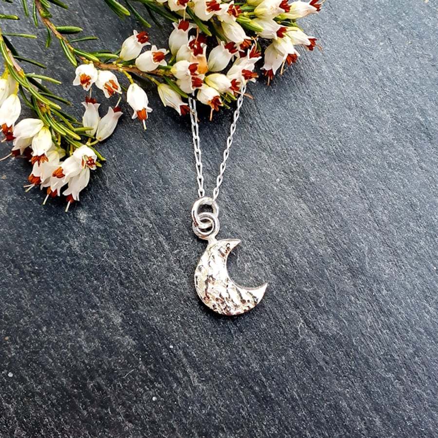 Recycled Silver Moon Pendant Necklace - Crescent Moon, Textured