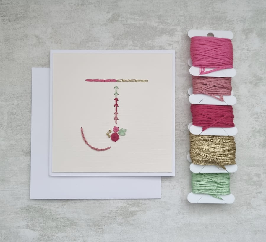 Letter J embroidered card, hand stitched initial card, hand sewn keepsake card