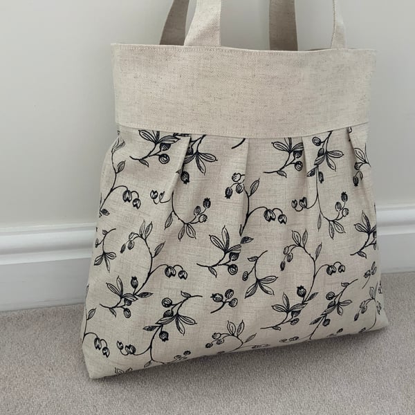 Beautiful Pleated Tote Bag, Patterned Fabric, Linen, Hand Bag