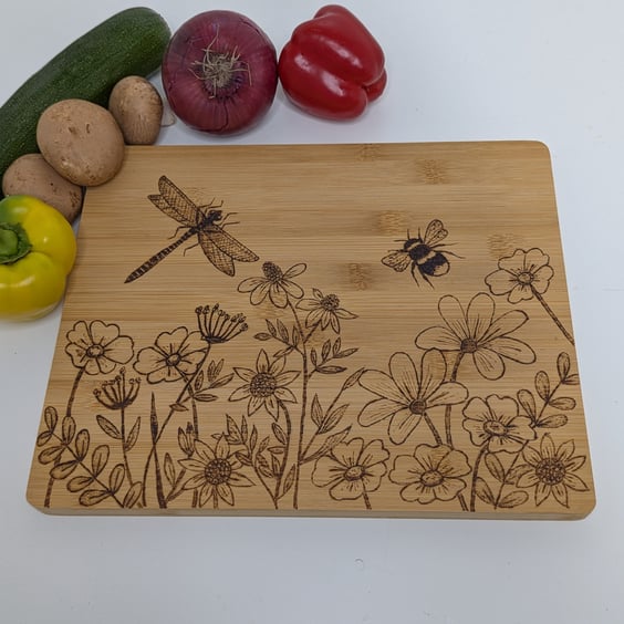 Wooden chopping board,  pyrography wildflowers and nature design, kitchen gift
