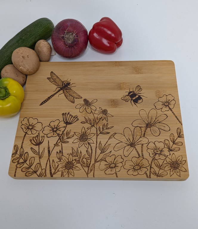 Wooden chopping board,  pyrography wildflowers and nature design, kitchen gift