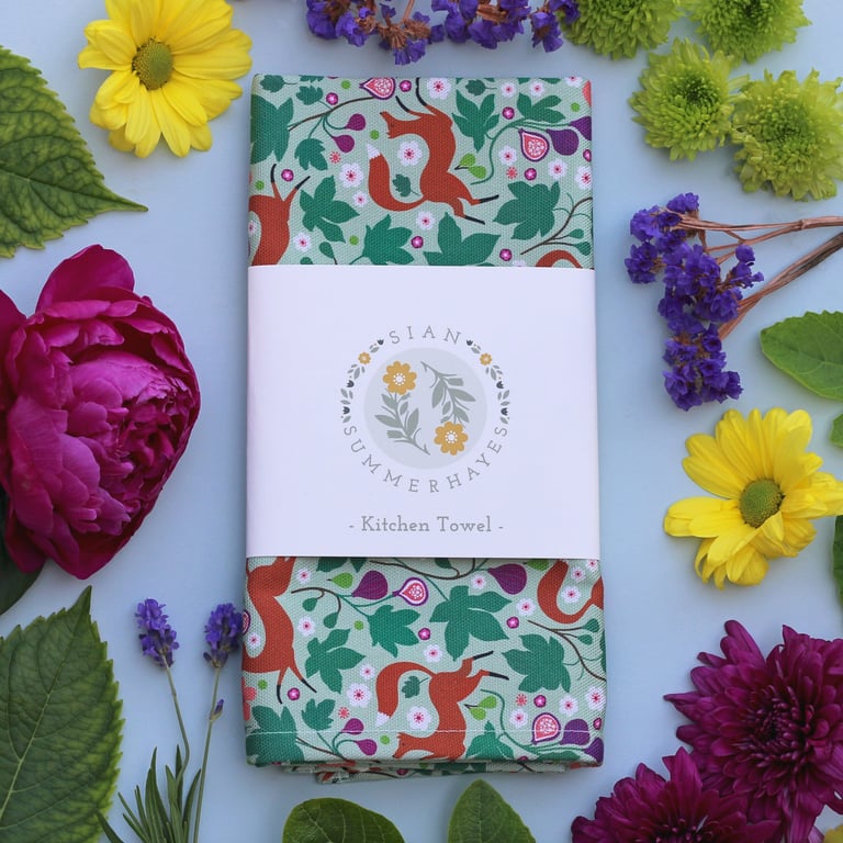 Foxes & Figs Tea Towel - Colourful Cotton Kitchen Towel - Botanical Home