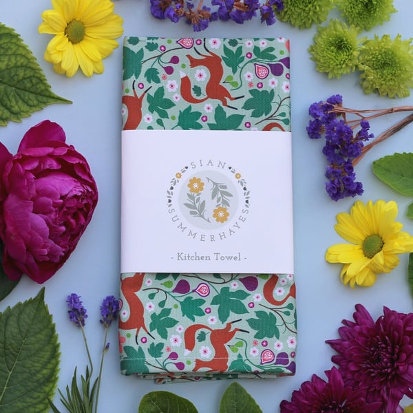 Foxes & Figs Tea Towel - Colourful Cotton Kitchen Towel - Botanical Home