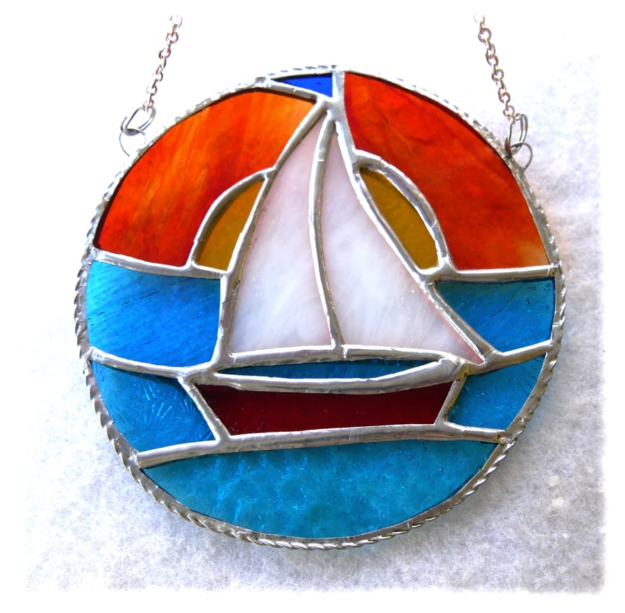 Sailboat Sunset Stained Glass Suncatcher Handmade Ring 031