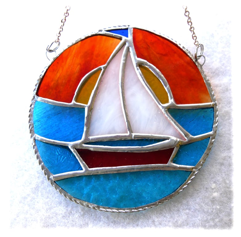 Sailboat Sunset Stained Glass Suncatcher Handmade Ring 031