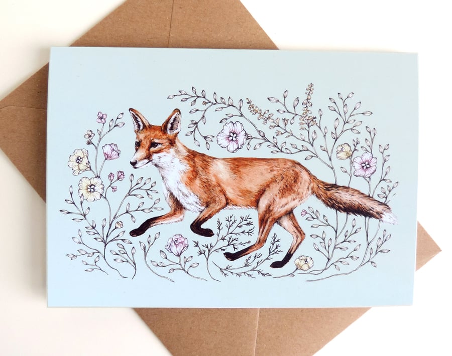 Fox Greetings Card A6 Floral Fox Card, Animal Birthday Card