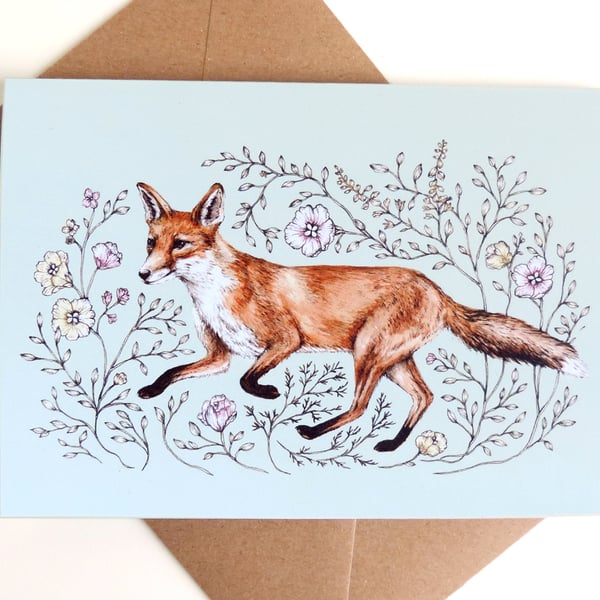 Fox Greetings Card A6 Floral Fox Card, Animal Birthday Card