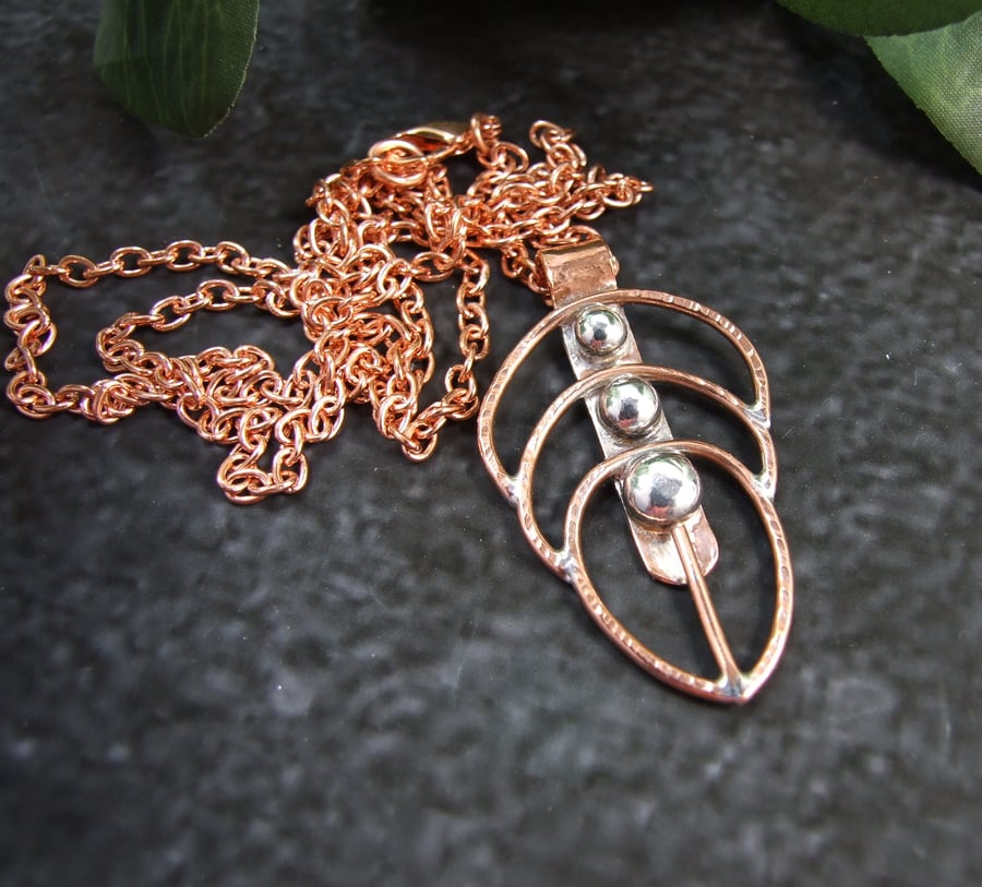 Copper and Sterling Silver Feather Long Chain Pendant