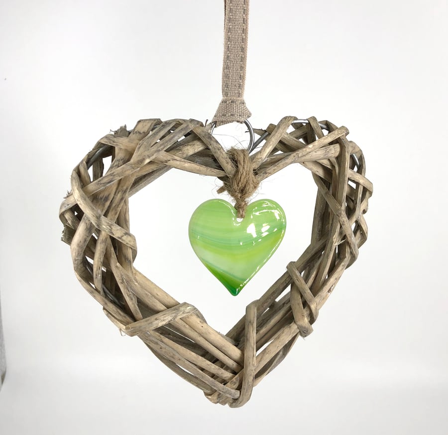 Green Glass & Wicker Heart with co-ordinating Ribbon