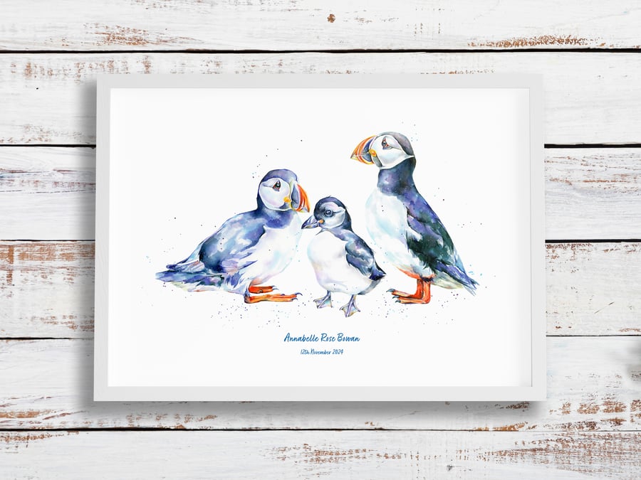 New baby gift - personalised puffin family print - name and date of birth