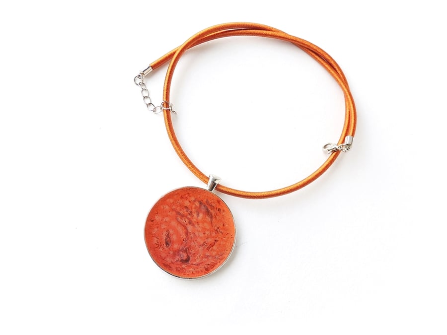Large Orange & Brown Marbled Pendant on Silk Cord Necklace  (SALE)  F002