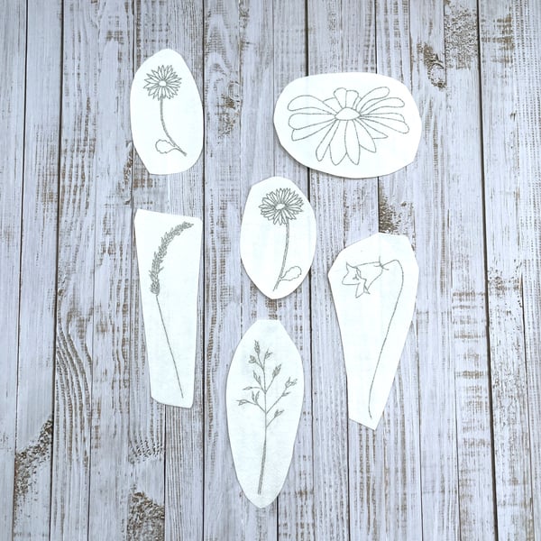 Wildflower stick and stitch embroidery patterns. Water soluble botanical designs