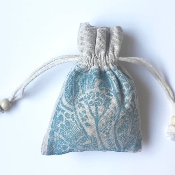 Meadows small gift bag natural cotton block print print blue drawstring bag