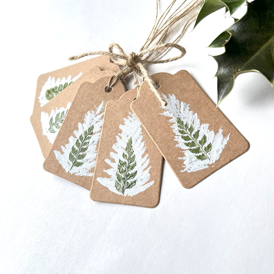 Handmade Christmas Gift Tags, Pack of 5 Hand Painted Sliver and Pressed Fern