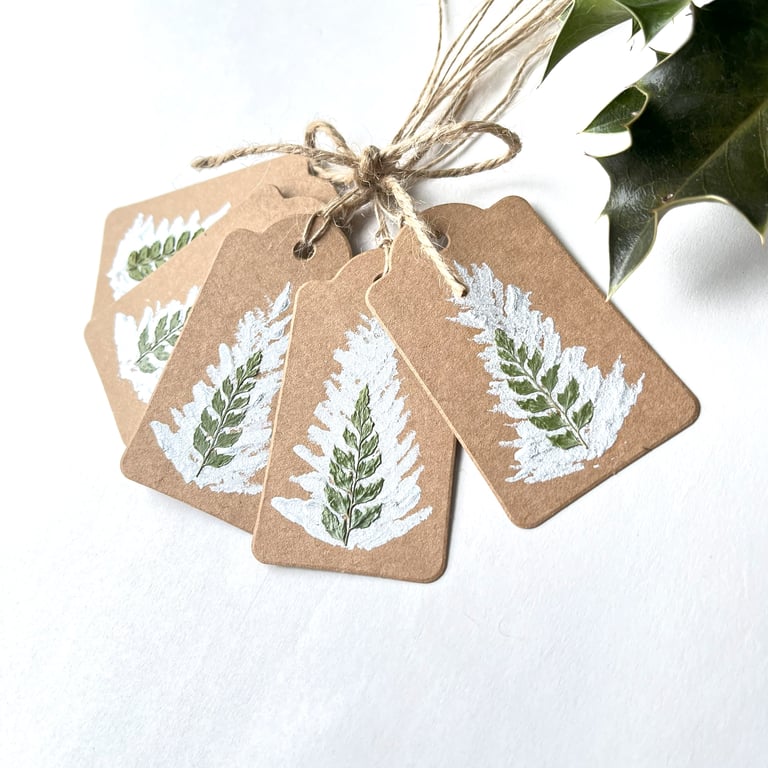 Handmade Christmas Gift Tags, Pack of 5 Hand Painted Sliver and Pressed Fern