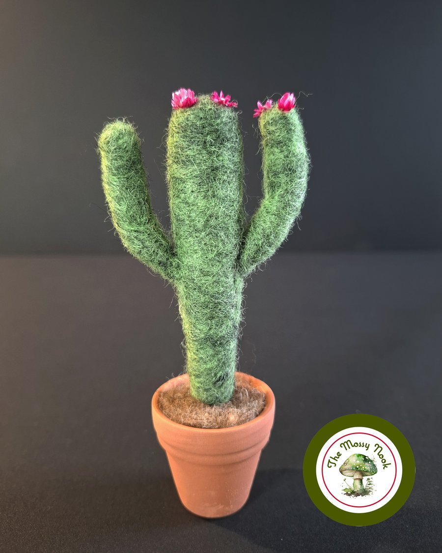 Small Flowering Cactus. Needle Felted with Wool Fibres. Real Terracotta Pot.