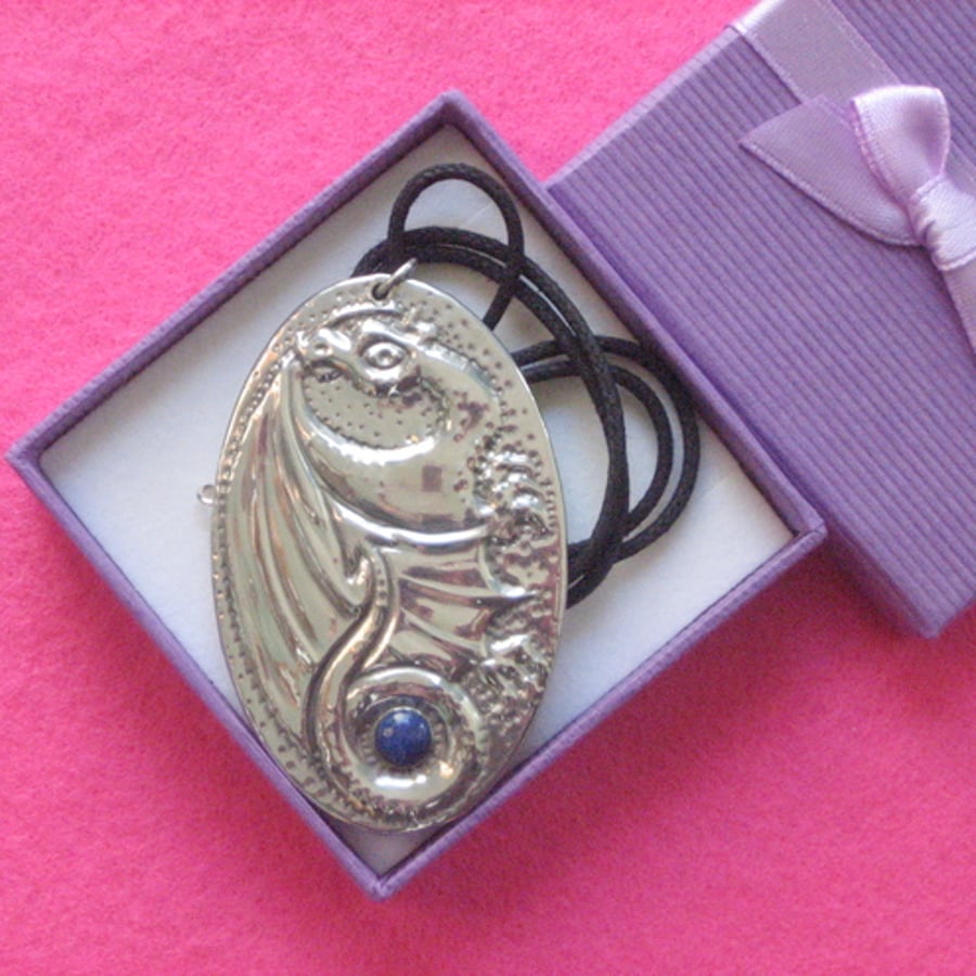 Pewter dragon pendant with lapis lazuli