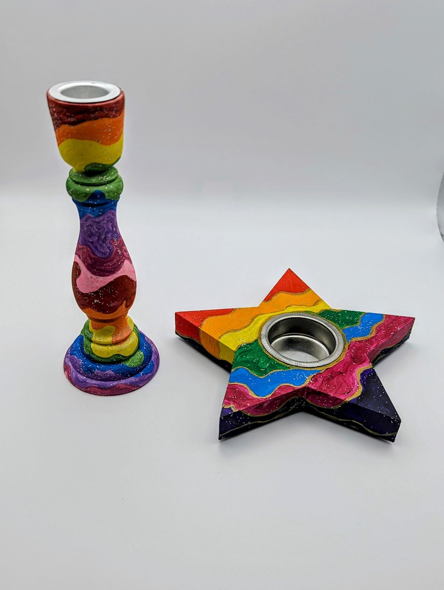 Pair of Handpainted Rainbow Glitter Candle Holders Wooden Candlestick and Star 