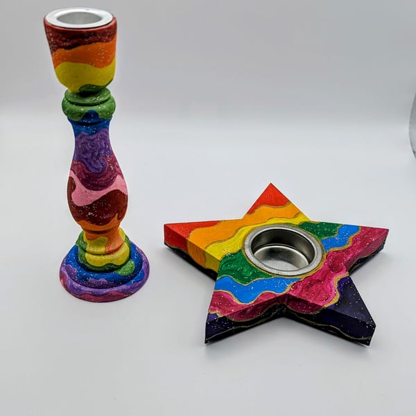 Pair of Handpainted Rainbow Glitter Candle Holders Wooden Candlestick and Star 