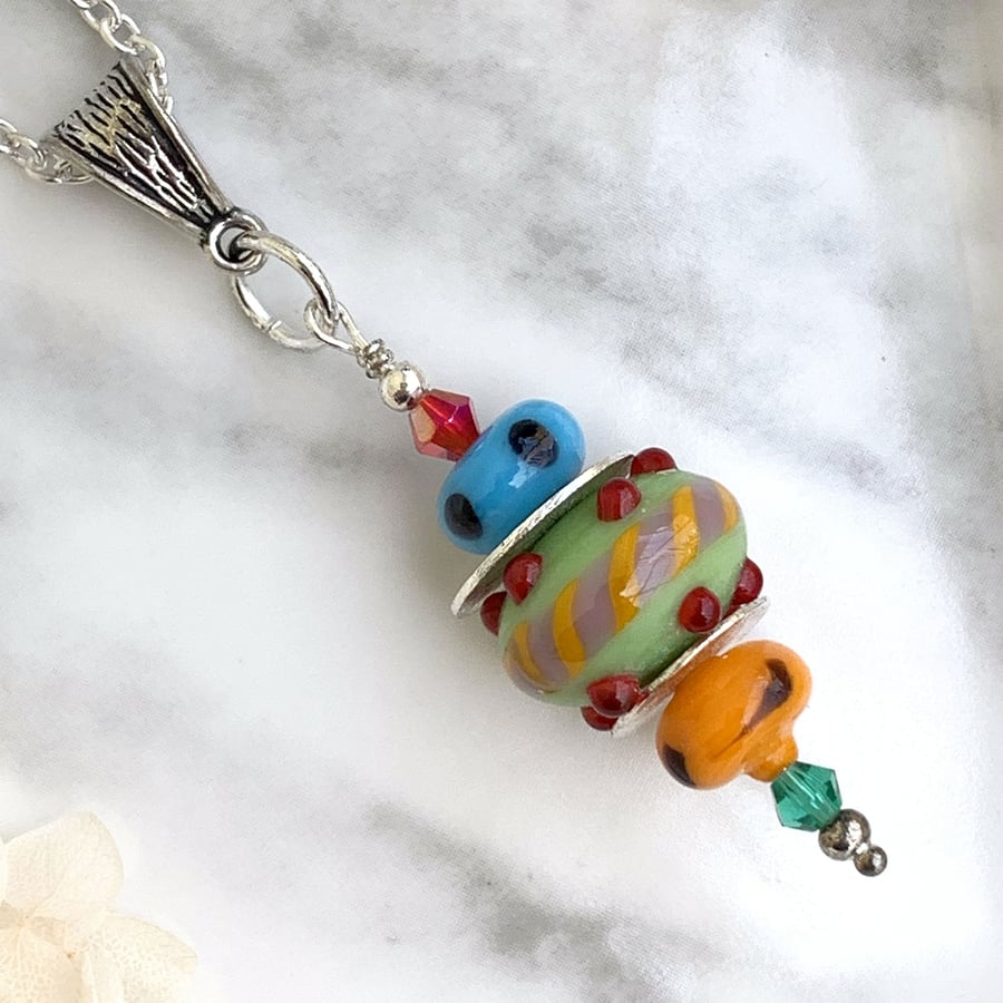 Boho Lampwork Multicolour Glass and Silver Pendant