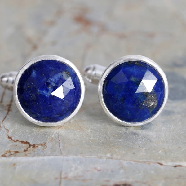 Round Lapis Lazuli Cufflinks in Sterling Silver