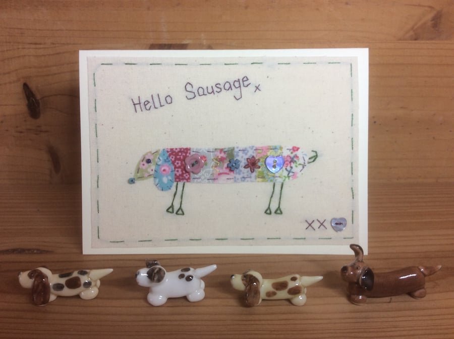 Hello Sausage! hand embroidered card