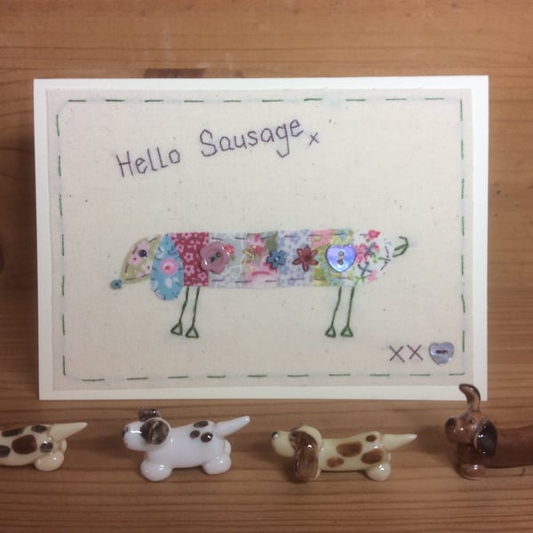Hello Sausage! hand embroidered card
