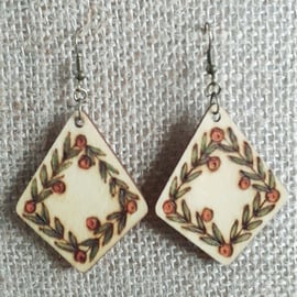 Pyrography wooden diamond shaped rowan earrings