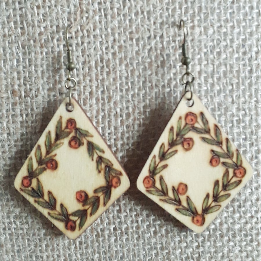 Pyrography wooden diamond shaped rowan earrings