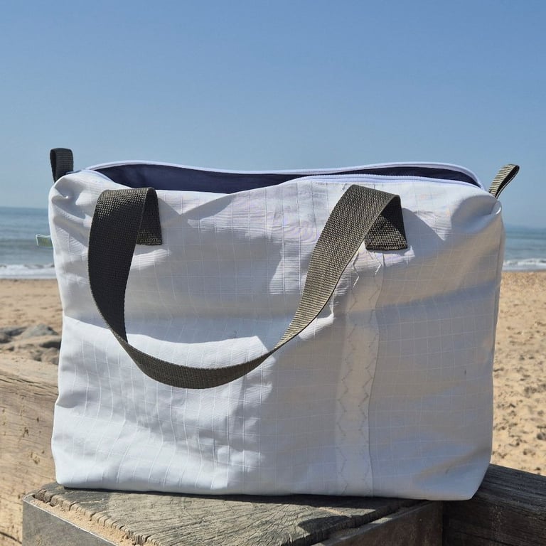 Top Handle Handbag - Upcycled Sailcloth Office Bag with Olive green Handles