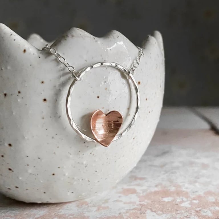 Copper heart and hammered circle necklace