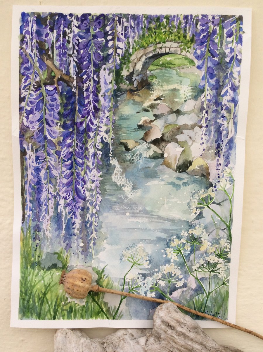Original watercolour painting of wild wisteria  and stream